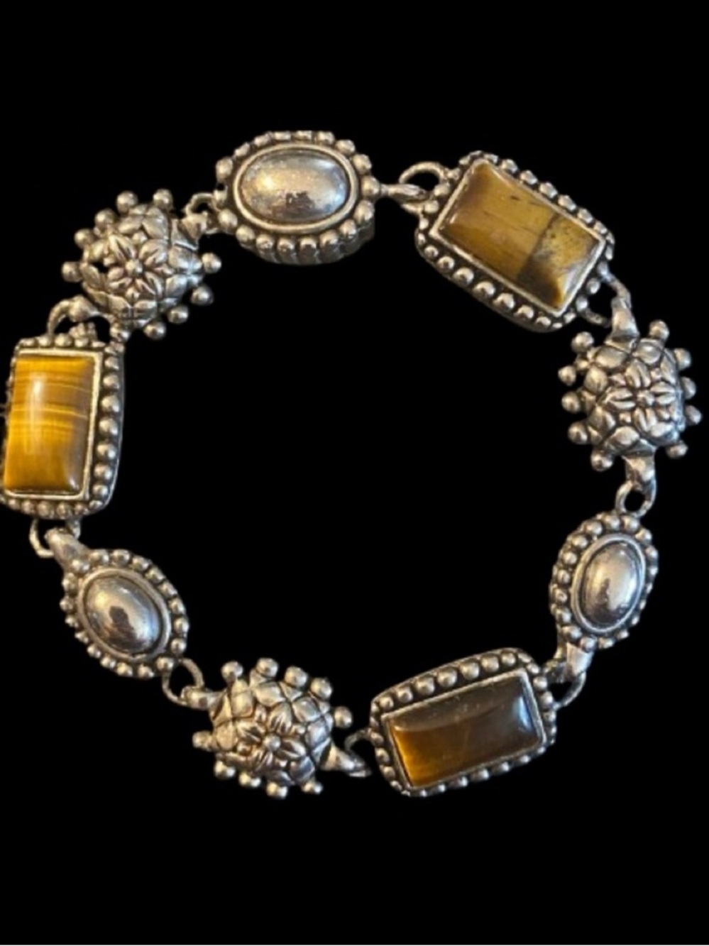 Vintage Tiger Eye Intricate Ornate Silver Metal Link Bracelet
